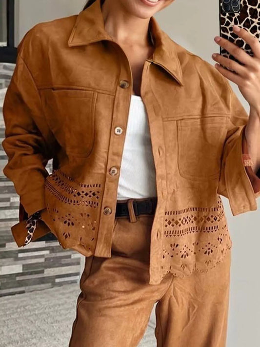 Solid Color Faux Suede Hollowed Detail Retro Style Jacket — women's jacket Australia