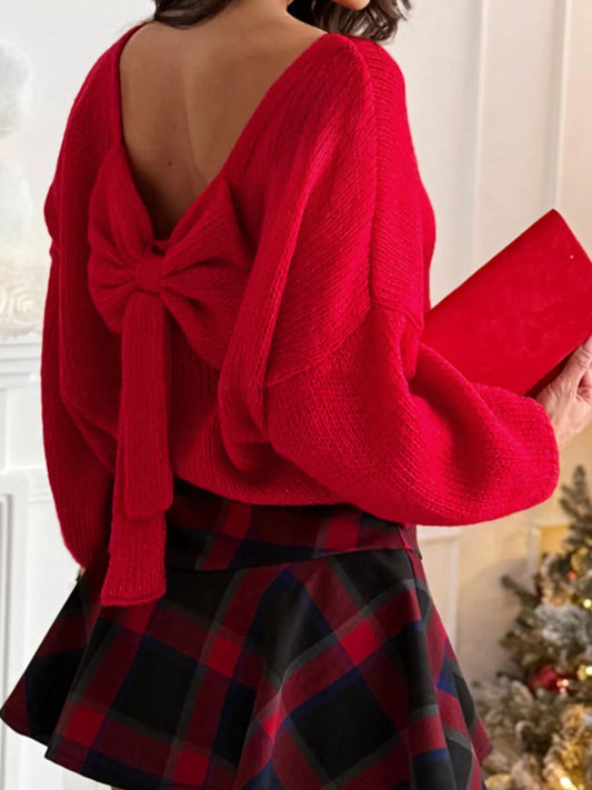 Women's Back Bowknot Long Sleeve Sweater — women's knit sweater Australia