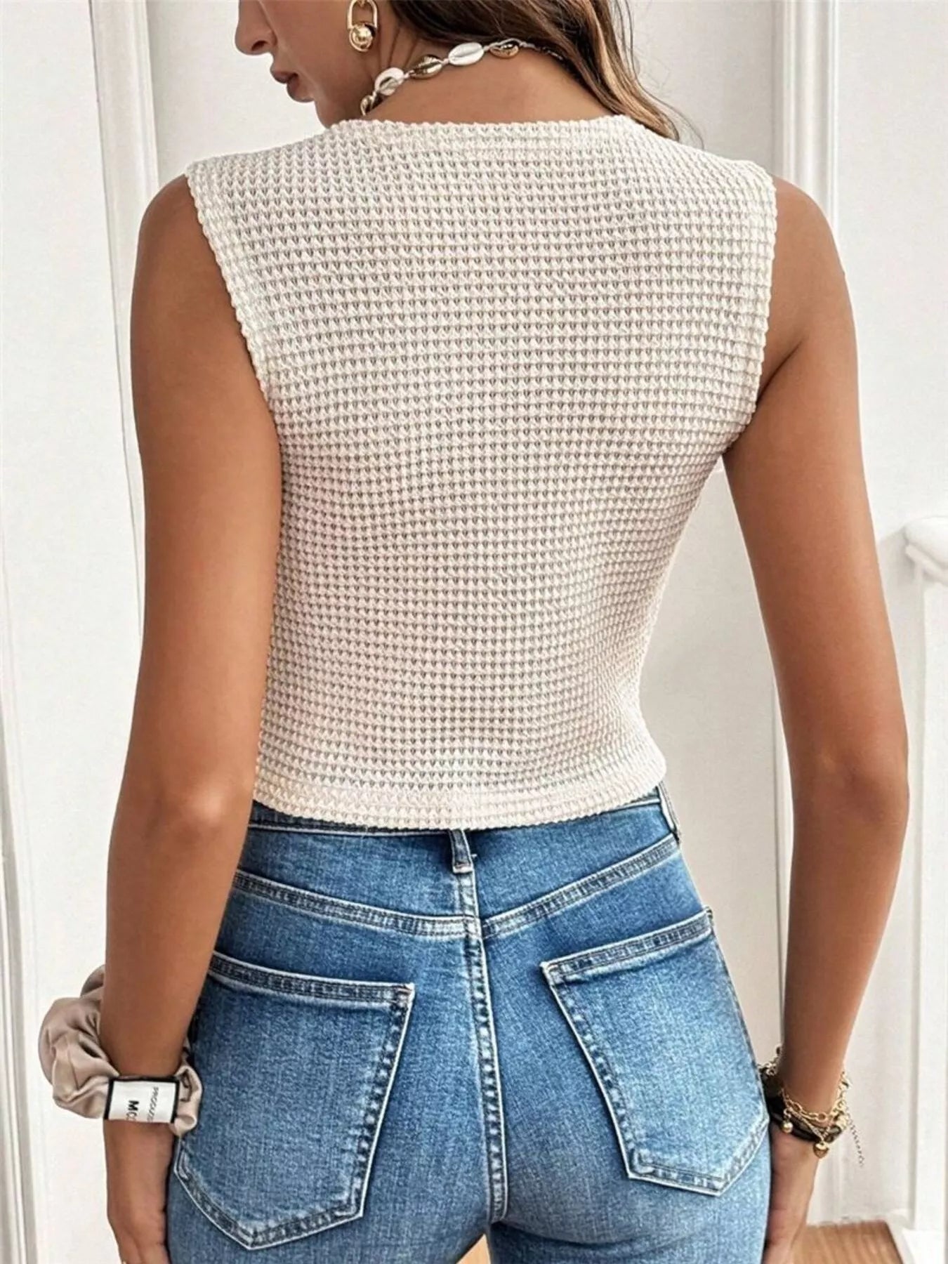Textured Button-Front Sleeveless Vest Top — women's top Australia