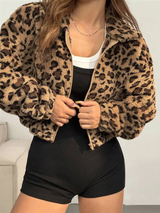 Leopard Print Fuzzy Cropped Jacket — women's jacket Australia