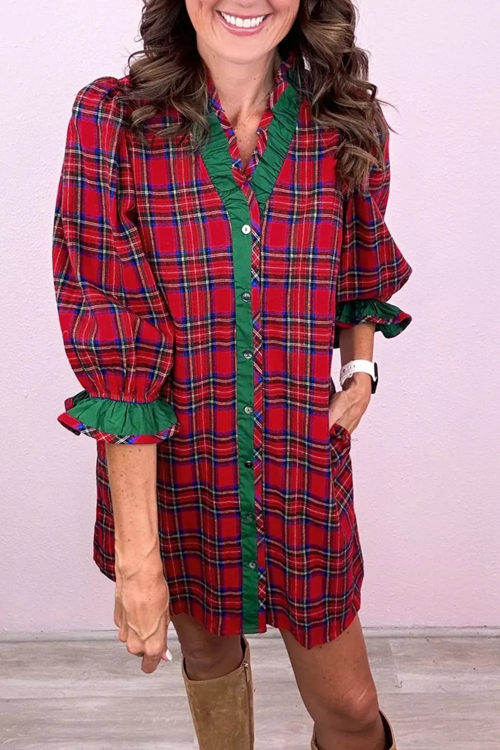 Women's Plaid Ruffle Cuff Button Front Pocket Mini Dress — Chic and Unique AU