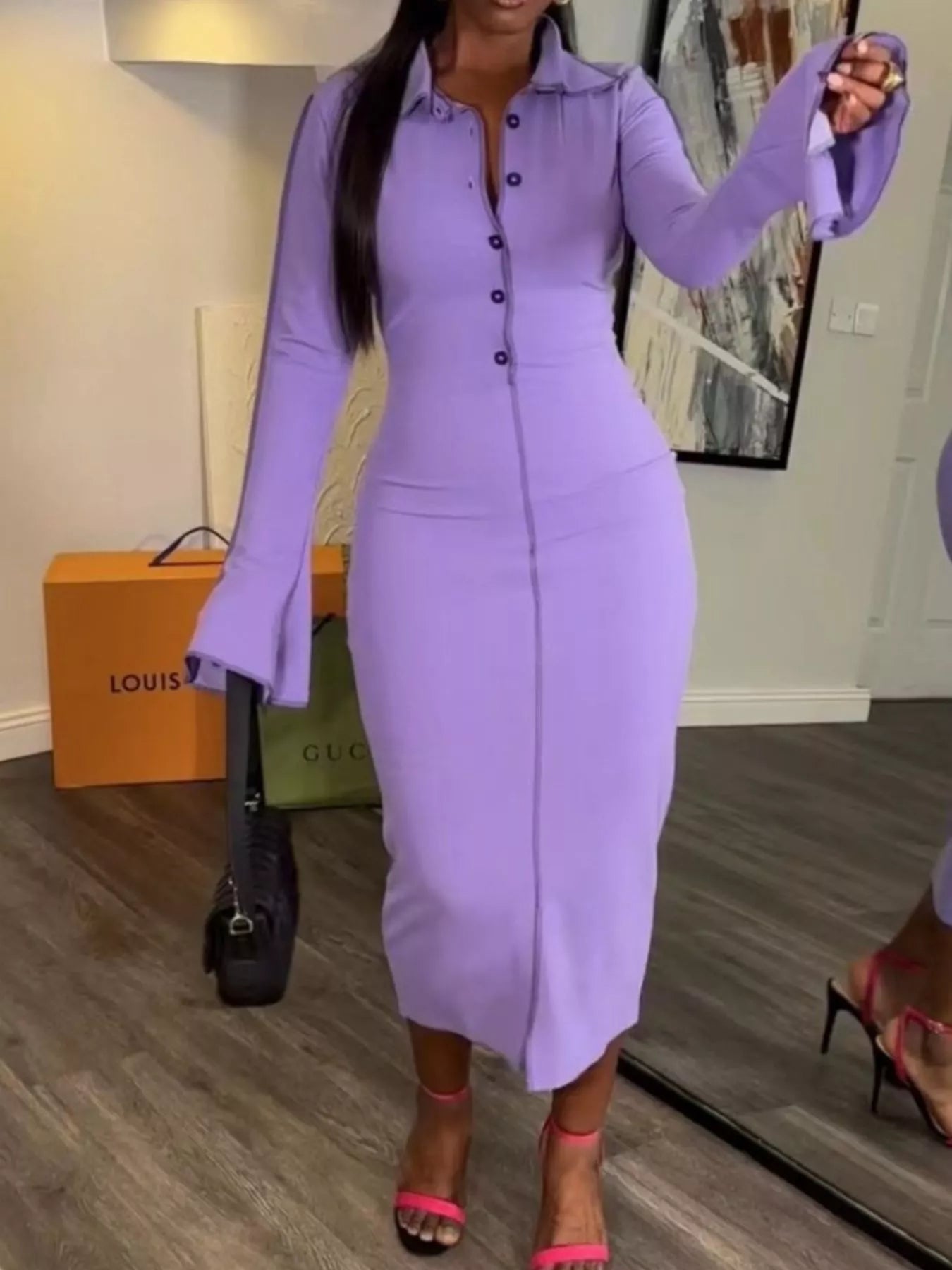 Women's Button Front Long Sleeve Midi Dress — Chic and Unique AU
