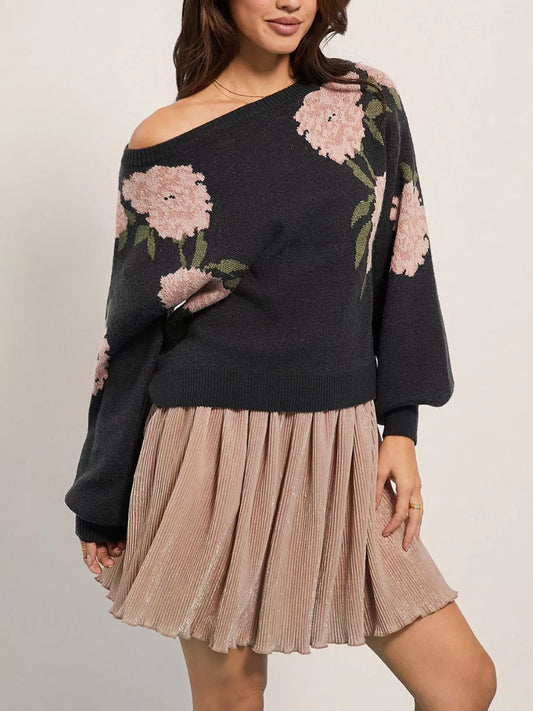 Women's Floral Boat Neck Long Sleeve Sweater — women's knit sweater Australia
