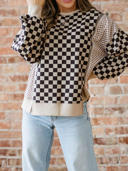 Women's Mixed Checkered Pattern Patchwork High Low Casual Top — women's knitwear Australia
