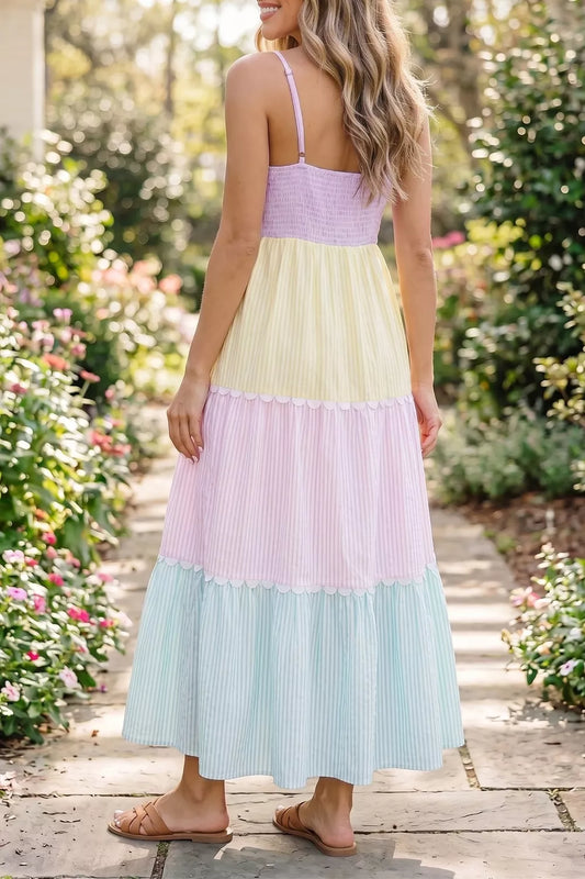 Striped Colorblock Adjustable Strap Scalloped Detail Long Dress — women's casual dress Australia