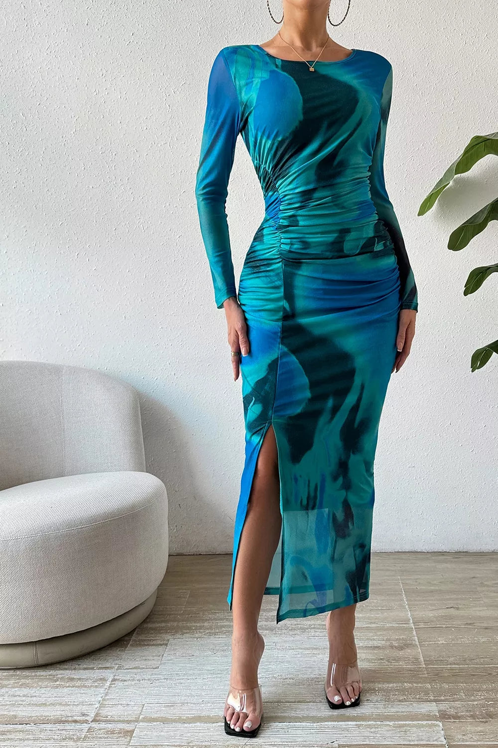 Women's Ruched Tie-Dye Midi Dress with High Slit — Chic and Unique AU