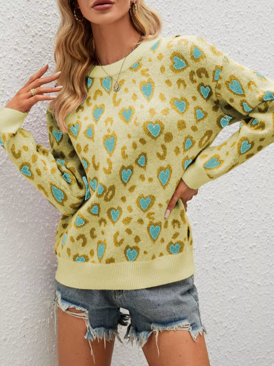 Women's Heart Round Neck Long Sleeve Sweater — women's knitwear Australia