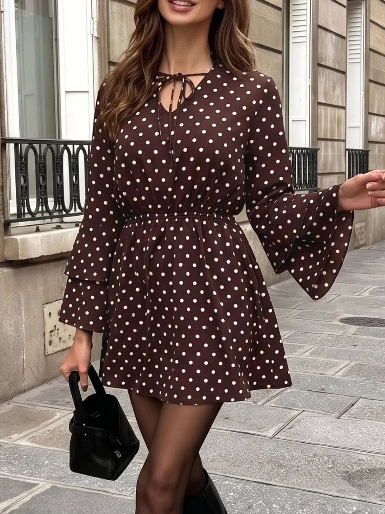 Women's Polka Dot Flare Sleeve Tie Neck Dress — Chic and Unique AU