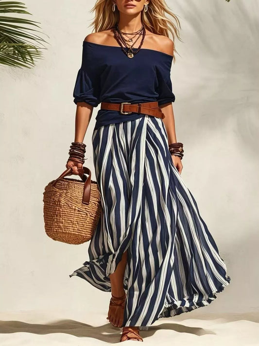 Off Shoulder Top and Striped Maxi Skirt Set with Belt — women's co-ord set Australia
