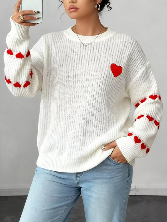 Women's Heart Pattern Round Neck Sweater — women's knitwear Australia