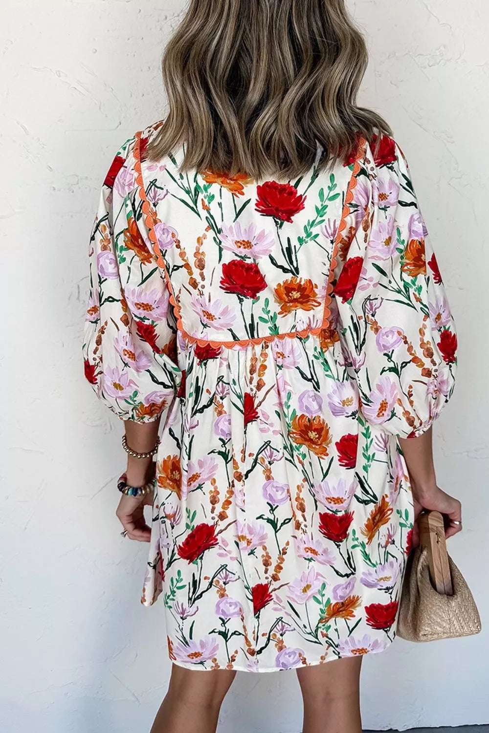 Women's Floral Print Puff Sleeve Ricrac Trim Mini Dress — Chic and Unique AU
