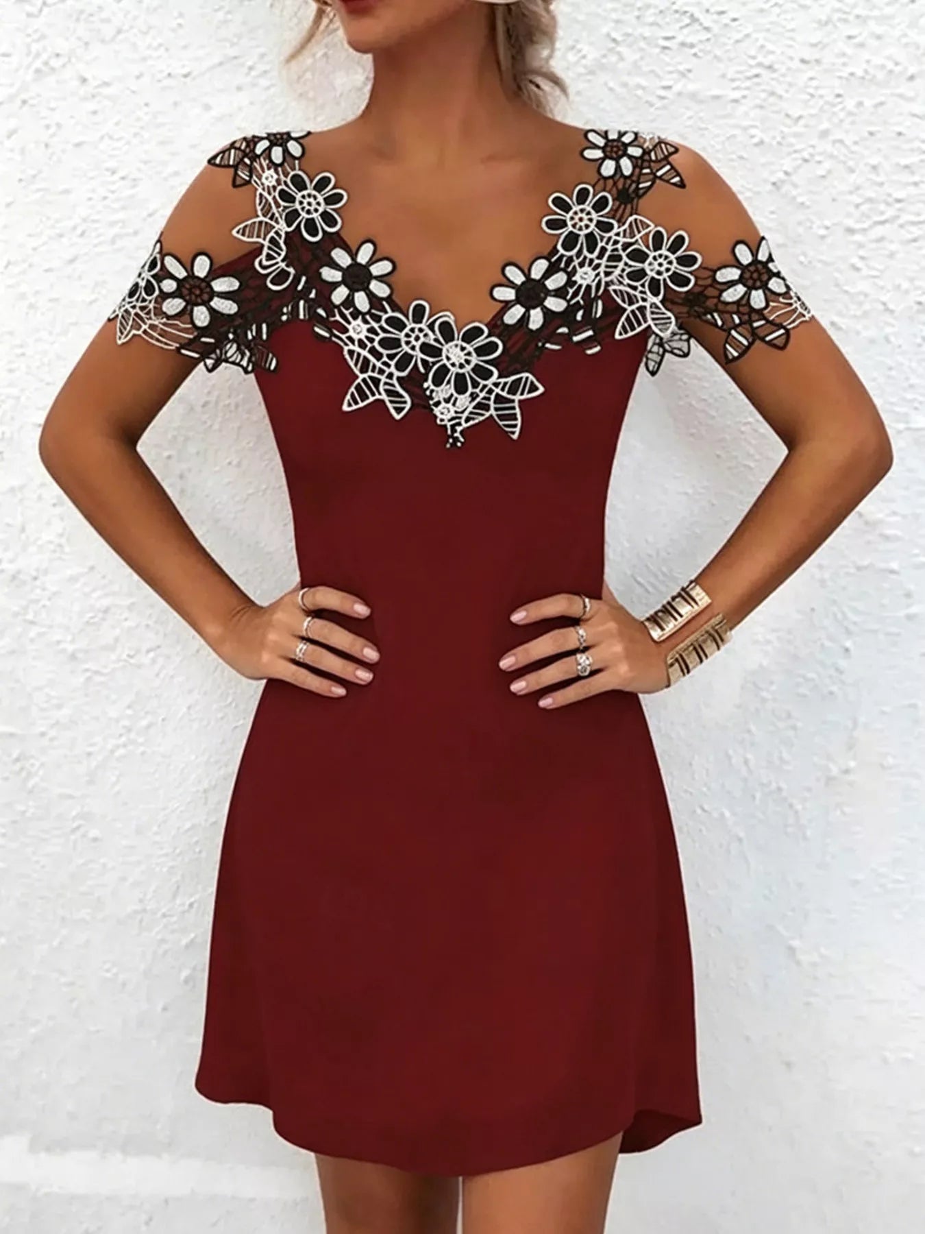 Women's Lace Floral Trim Cold Shoulder Mini Dress — Chic and Unique AU