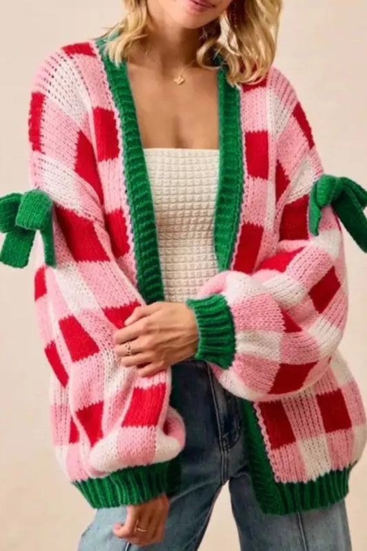 Women's Checkered Bow-Tie Sleeve Knit Christmas Cardigan — women's knitwear Australia