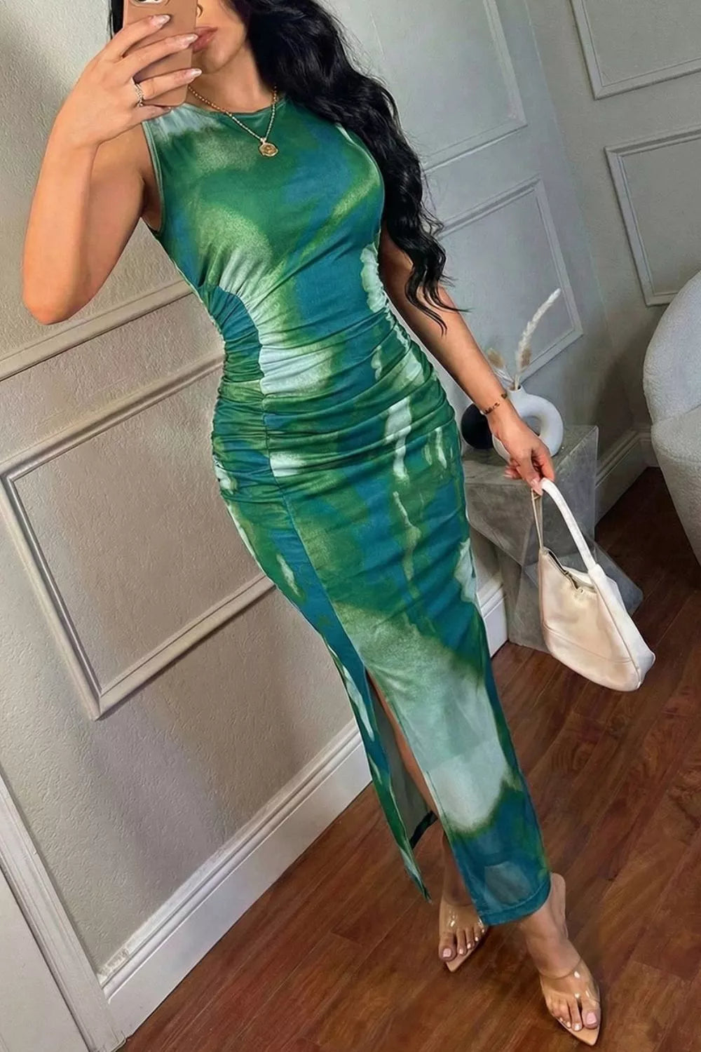 Women's Sleeveless Ruched Tie-Dye Maxi Dress — Chic and Unique AU