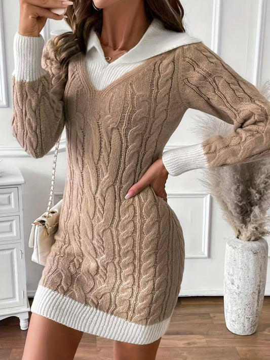 Women's Cable Knit Contrast Trim Sweater Dress — women's knit sweater dress Australia