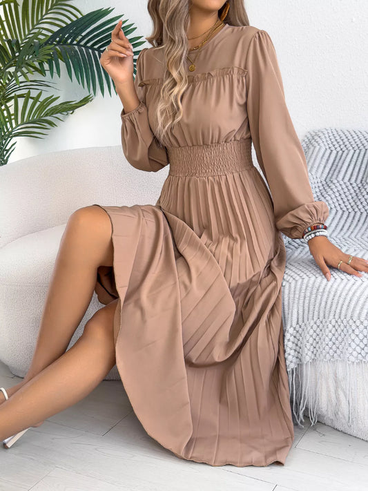 Smocked Pleated Long Sleeve Midi Dress — women's casual dress Australia