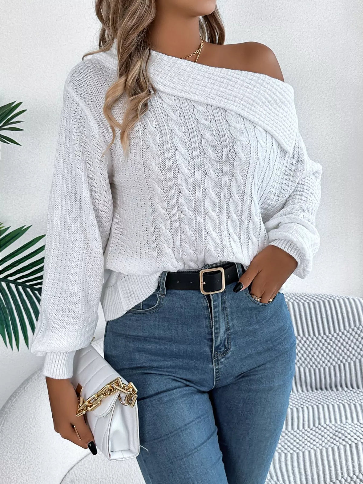 Women's Off-Shoulder Cable Knit Sweater — women's knit sweater Australia