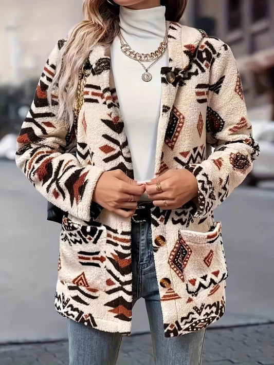 Ethnic Pattern Button-Up Fleece Outerwear — women's outerwear Australia