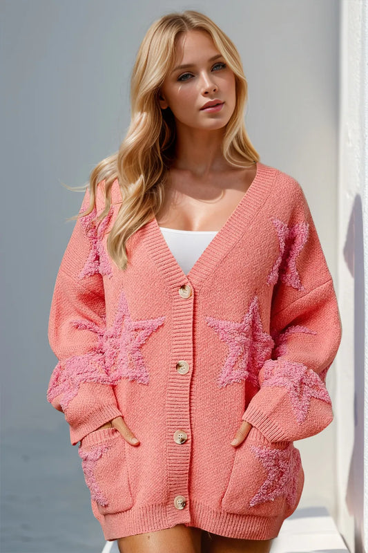 Woman wearing stylish pink button up star pattern cardigan