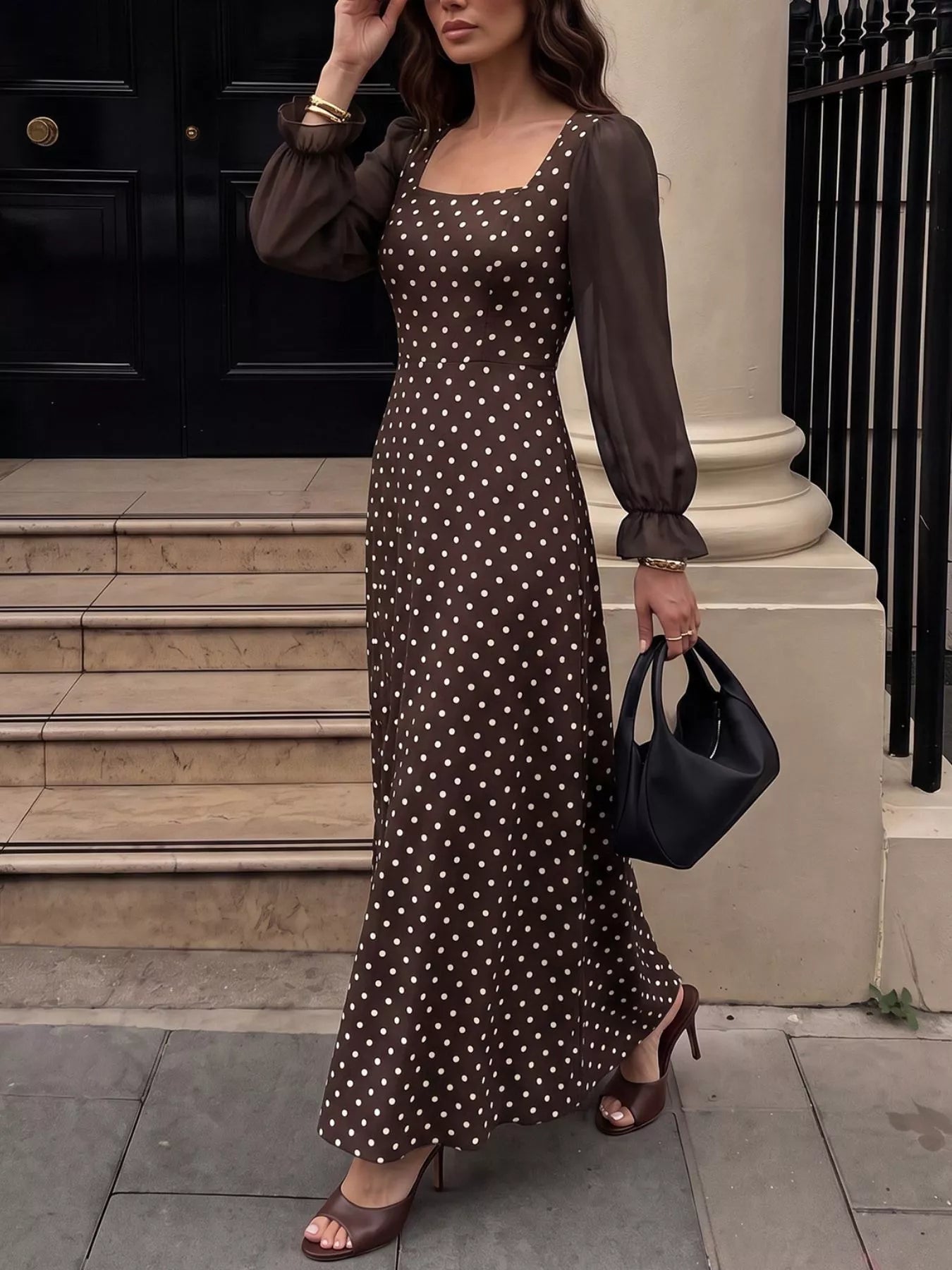 Women's Polka Dot Square Neck Long Sleeve Maxi Dress — Chic and Unique AU