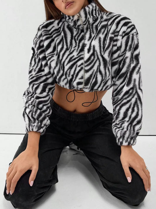 Zebra Print Plush Cropped Jacket — women's jacket Australia