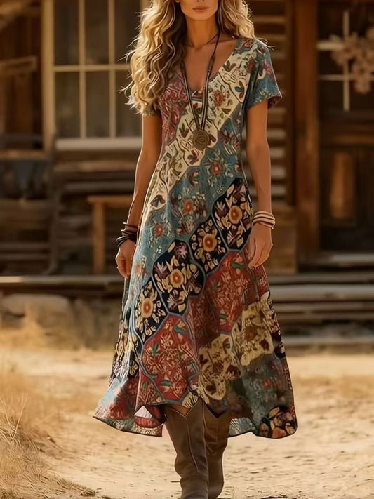 Printed V-Neck Short Sleeve Midi Dress — women's casual dress Australia