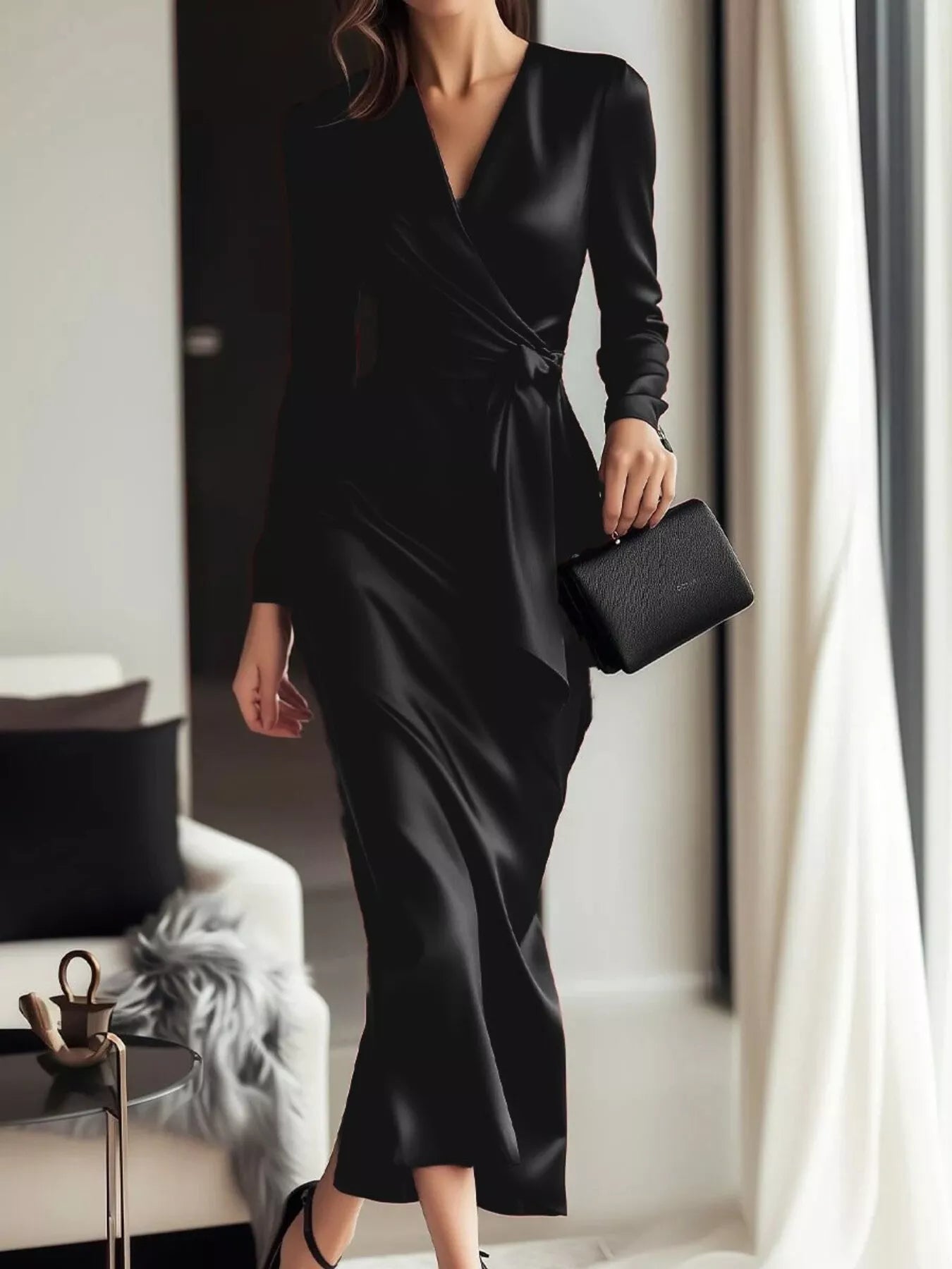 Women's Satin Long Sleeve Wrap Dress — Chic and Unique AU