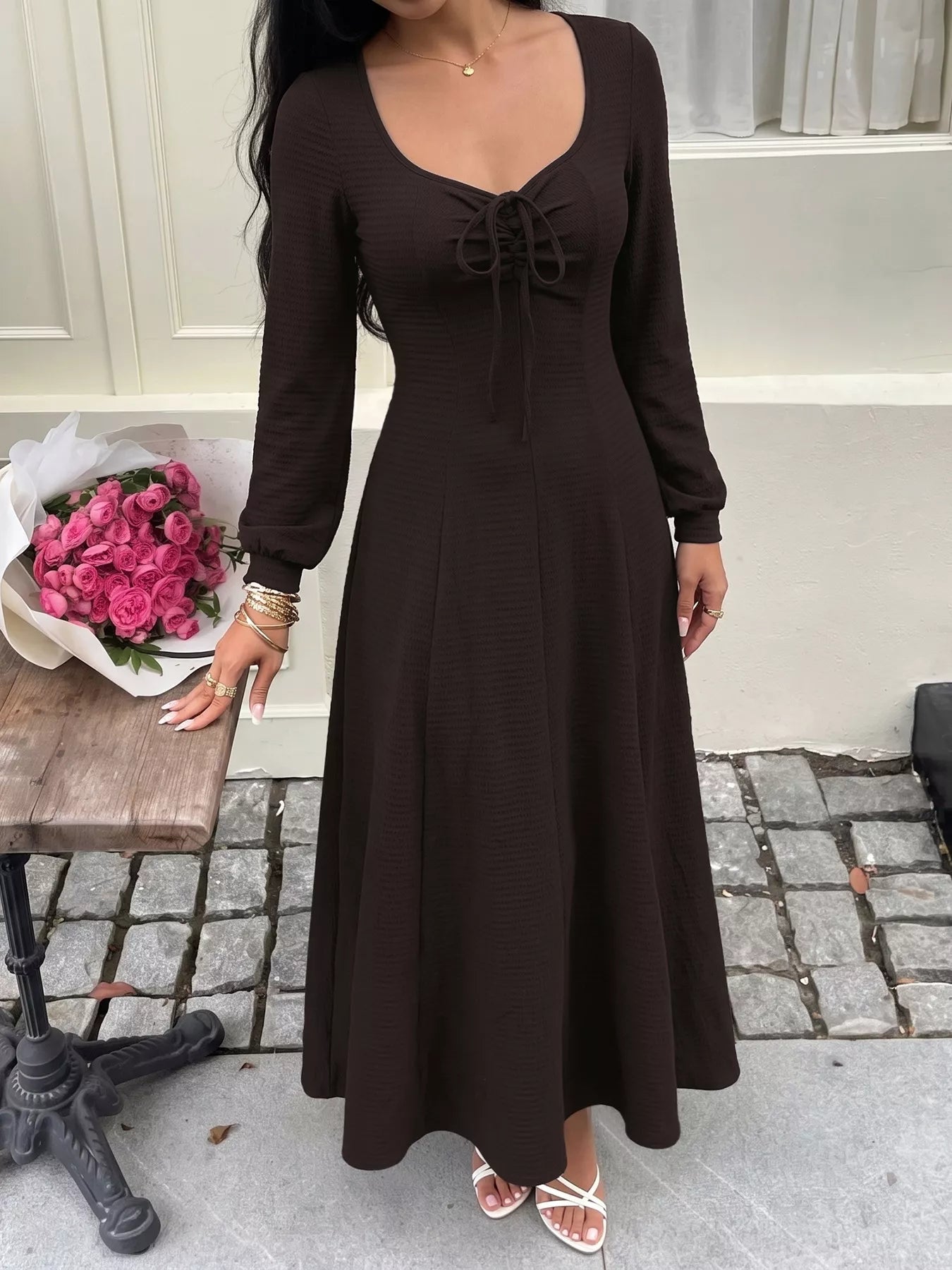 Women's Long Sleeve Tie-Front Maxi Dress — Chic and Unique AU