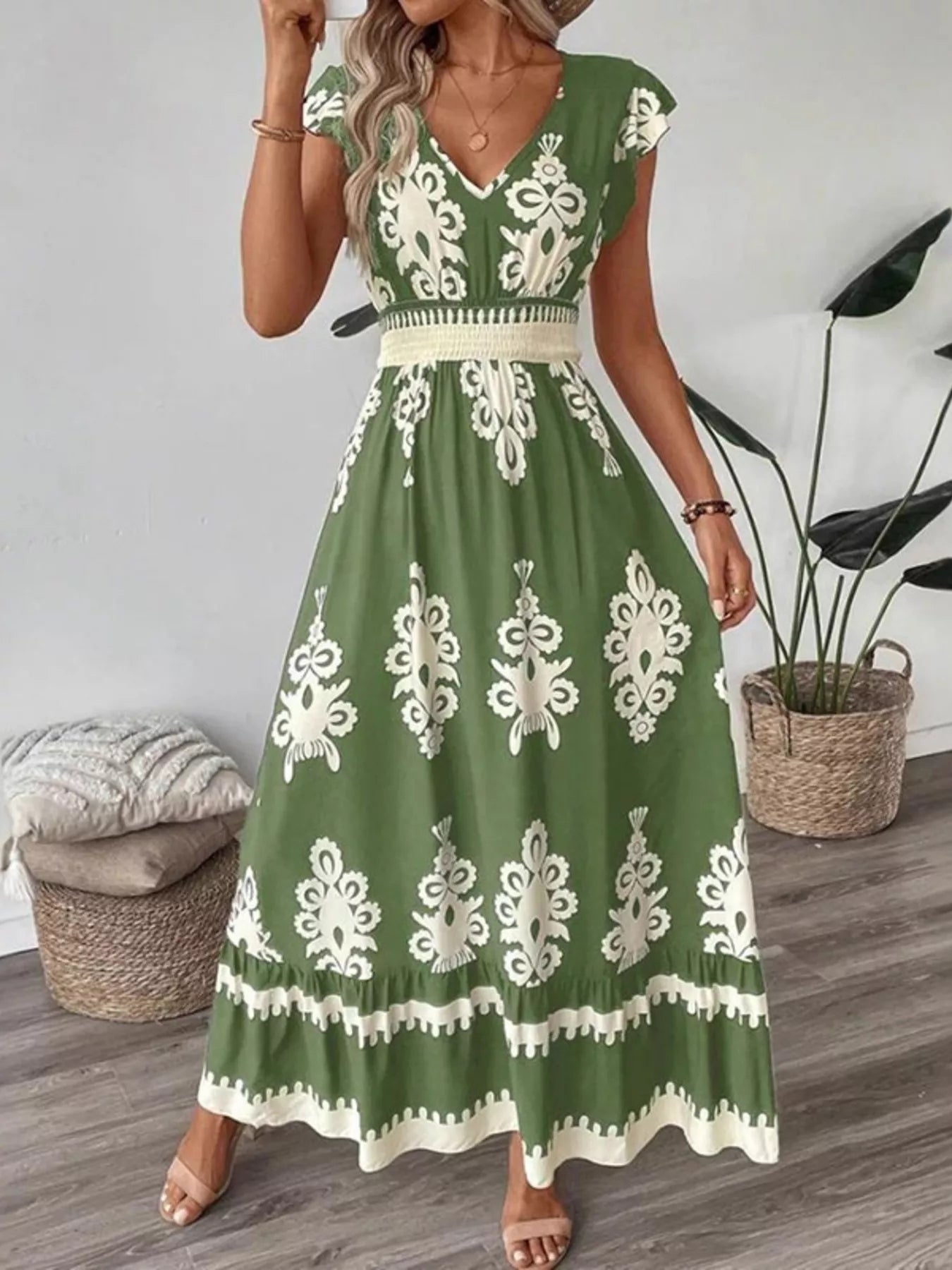 Women's Ruffled Printed V-Neck Maxi Dress — Chic and Unique AU