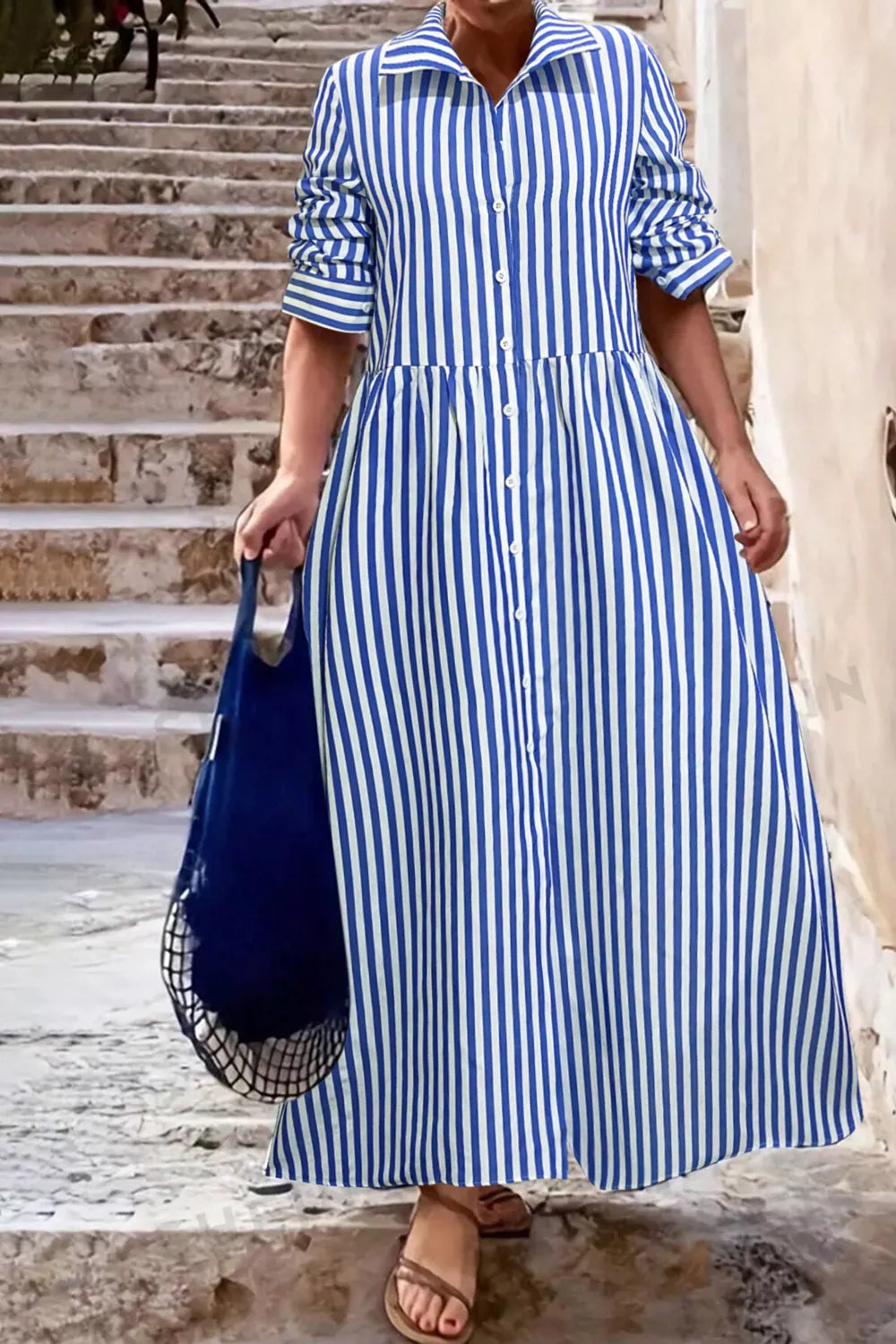 Women's Striped Long Sleeve Maxi Shirt Dress — Chic and Unique AU