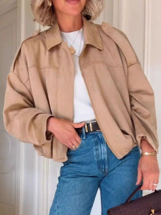 Zip Up Dropped Shoulder Suede Jacket — women's jacket Australia