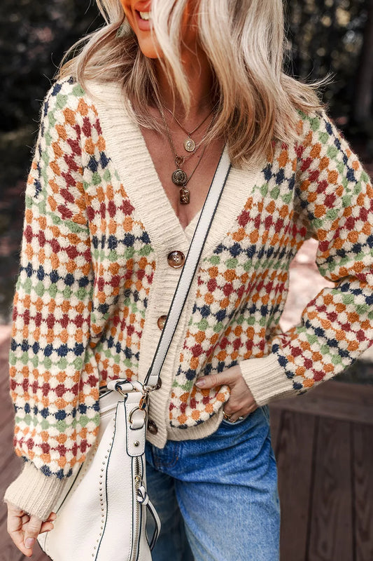 Women's Multicolour Dotty Pattern Knit Button Front Cardigan — women's knit cardigan Australia