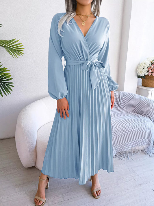 Elegant Pleated Front Tie Long Sleeve Dress — women's casual dress Australia