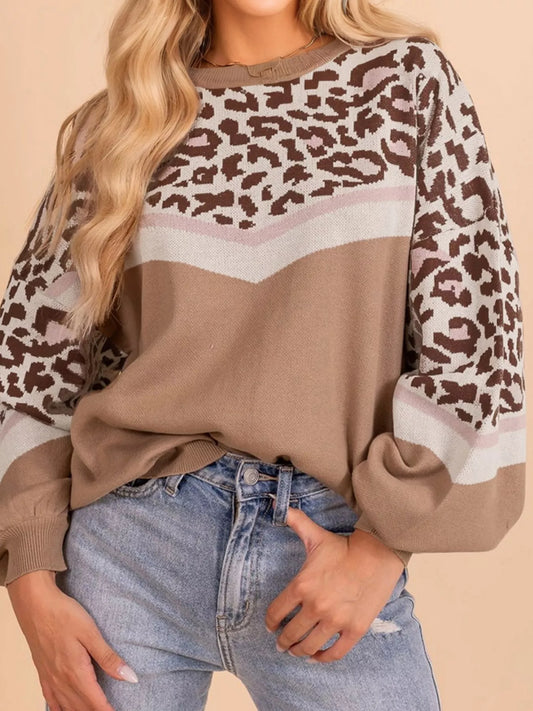 Women's Leopard Color Block Knit Round Neck Baggy Sweater — women's knit sweater Australia