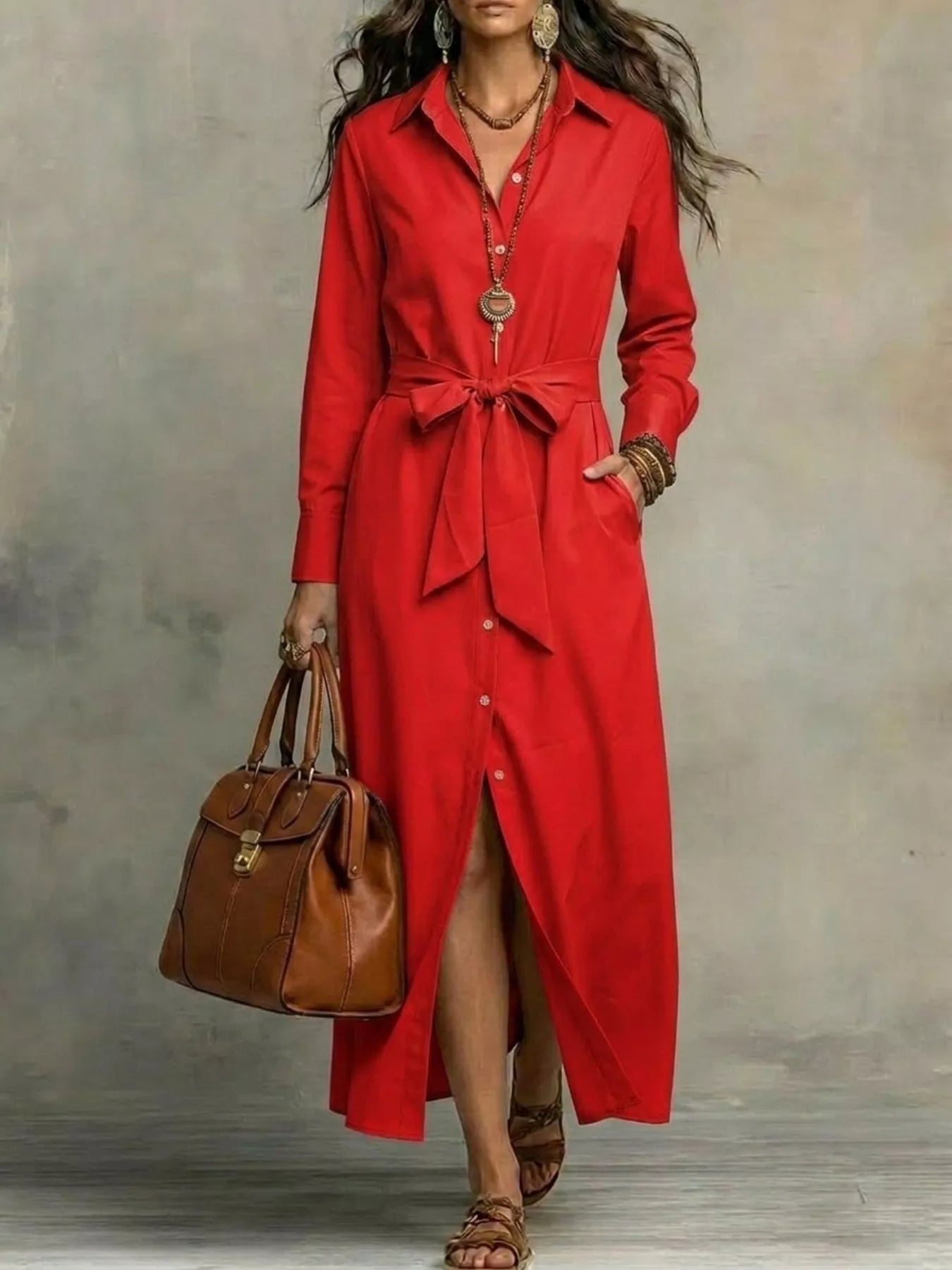 Women's Full Size Tie Waist Long Sleeve Shirt Dress Plus Size — Chic and Unique AU