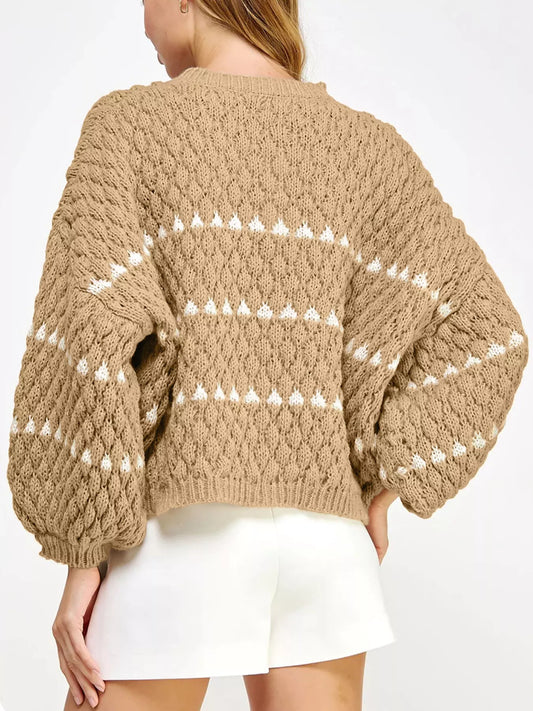 Women's Contrast Detail Textured Knit Puff Sleeve Baggy Sweater — women's knitwear Australia