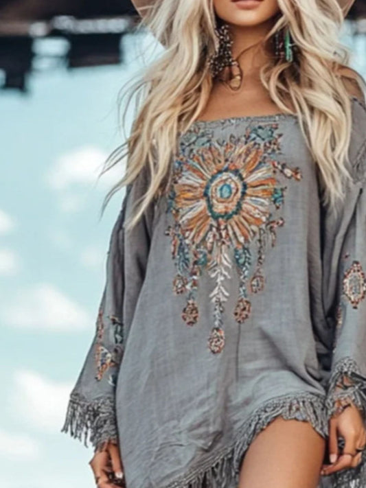Fringe Hem Long Sleeve Mini Dress — women's casual dress Australia