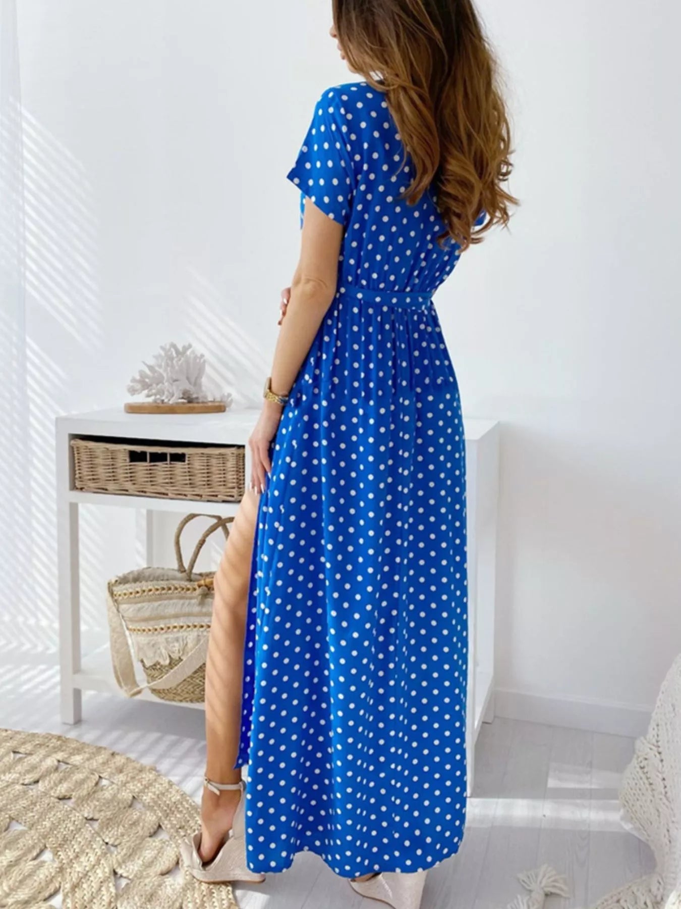Women's Polka Dot Surplice Maxi Dress with Slit — Chic and Unique AU