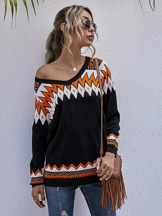 Women's Geometric Pattern V-Neck Sweater — women's knit sweater Australia