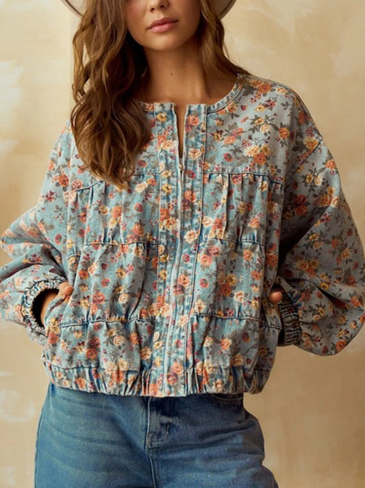 Floral Print Zip Up Cropped Denim Jacket — women's jacket Australia