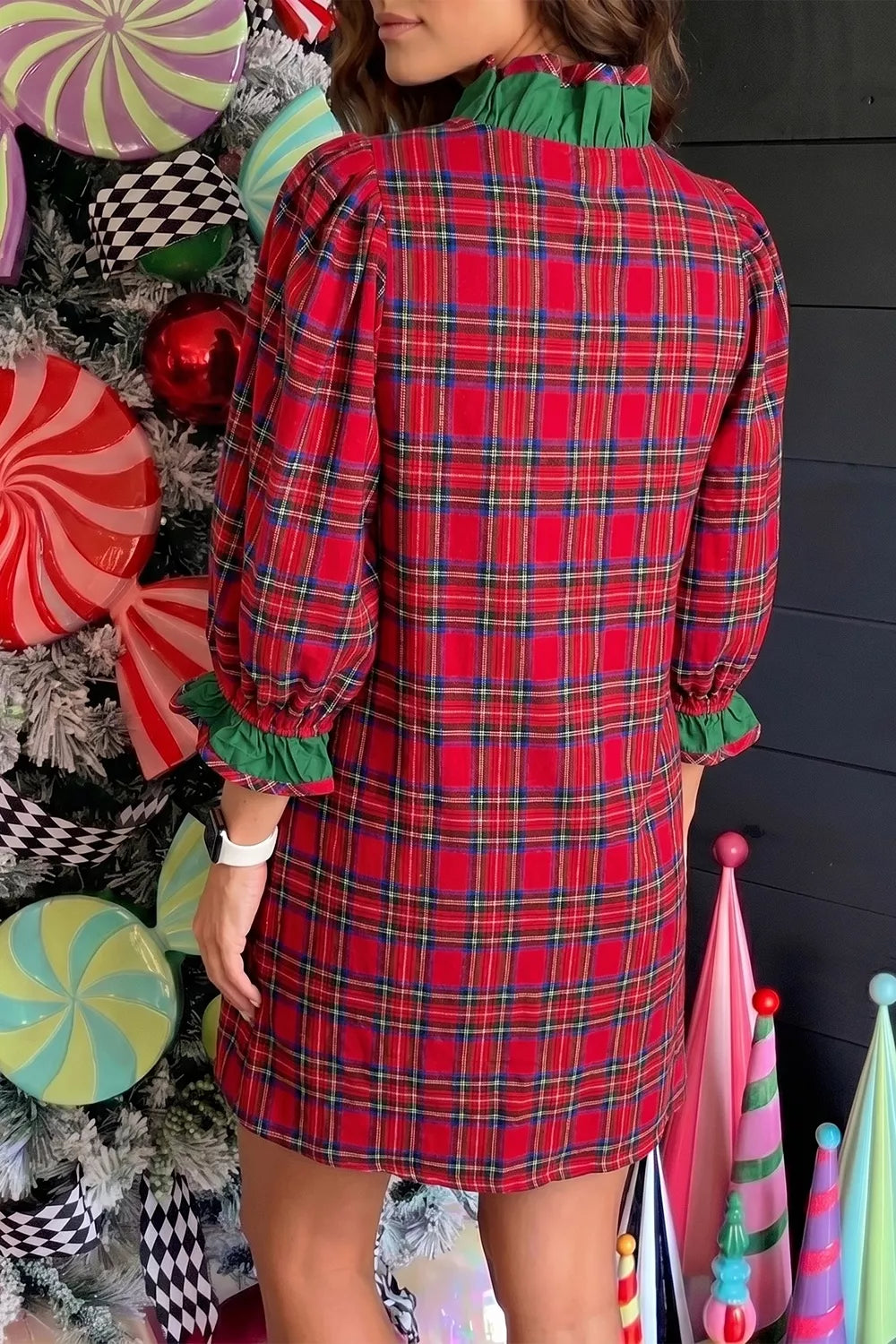 Women's Plaid Ruffle Cuff Button Front Pocket Mini Dress — Chic and Unique AU