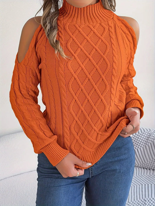 Cable Knit Cold Shoulder Turtleneck Sweater — women's knit sweater Australia