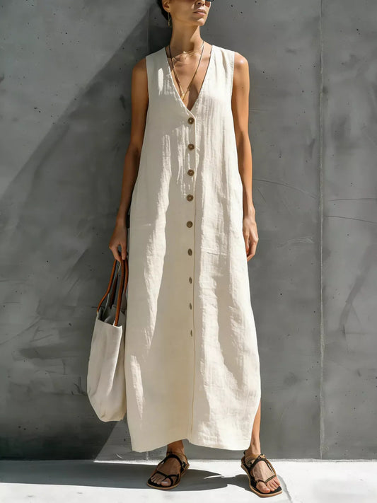 Full Size Sleeveless V-Neck Button-Down Linen Maxi Dress Plus Size — women's maxi dress Australia