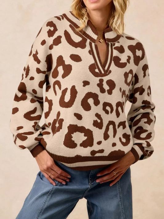 Women's Leopard Knit Notched Casual Sweater — women's knitwear Australia