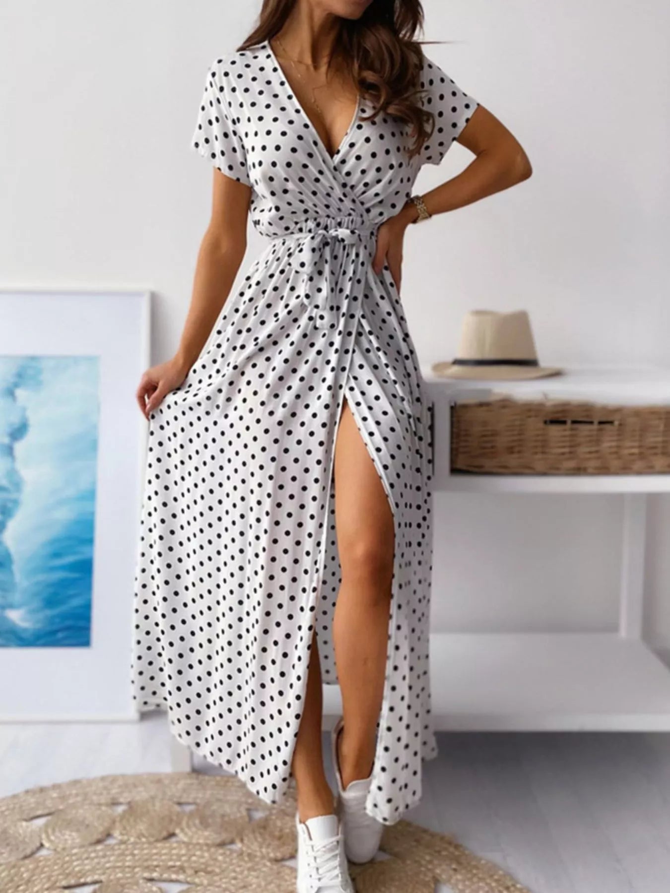 Women's Polka Dot Surplice Maxi Dress with Slit — Chic and Unique AU