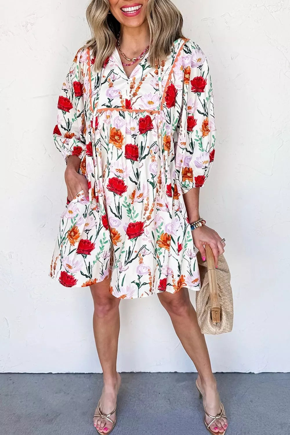 Women's Floral Print Puff Sleeve Ricrac Trim Mini Dress — Chic and Unique AU