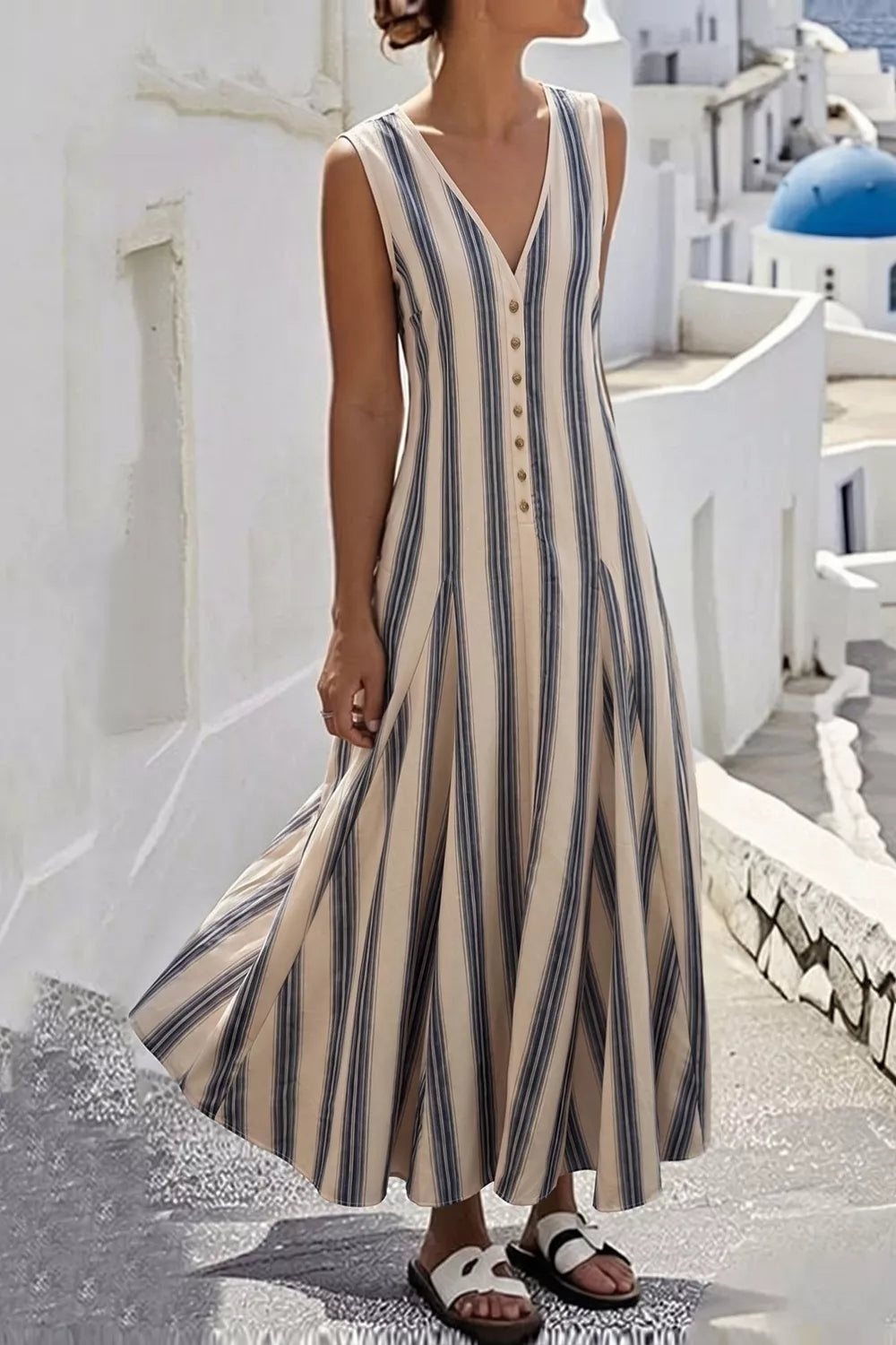 Women's Striped V-Neck Sleeveless Midi Dress — Chic and Unique AU