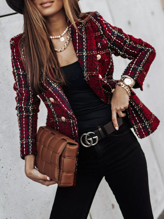 Full Size Plaid Tweed Double-Breasted Blazer Plus Size — women's blazer Australia