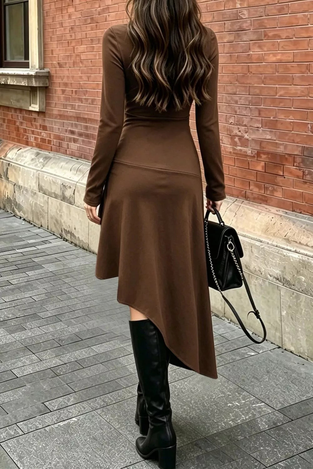 Women's Ruched Asymmetrical Hem Long Sleeve Dress — Chic and Unique AU