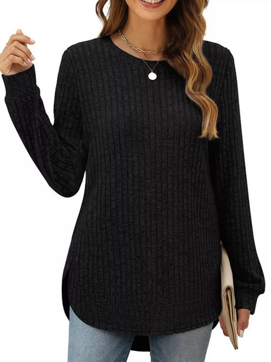 Women's Ribbed Texture Round Neck Long Sleeve Rounded Hem Knit Top — women's knit top Australia
